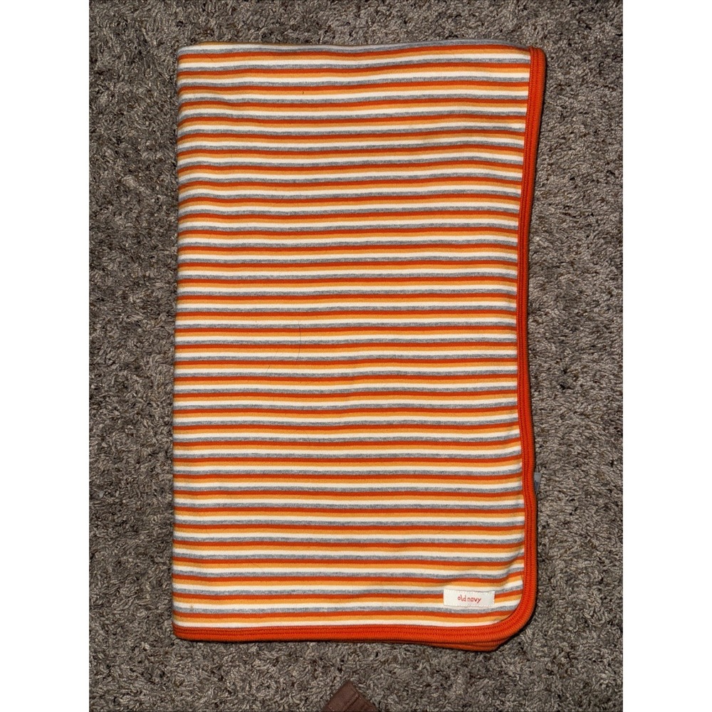 Vintage Old Navy 2001‎ Striped Baby Blanket Orange Gray 36x32